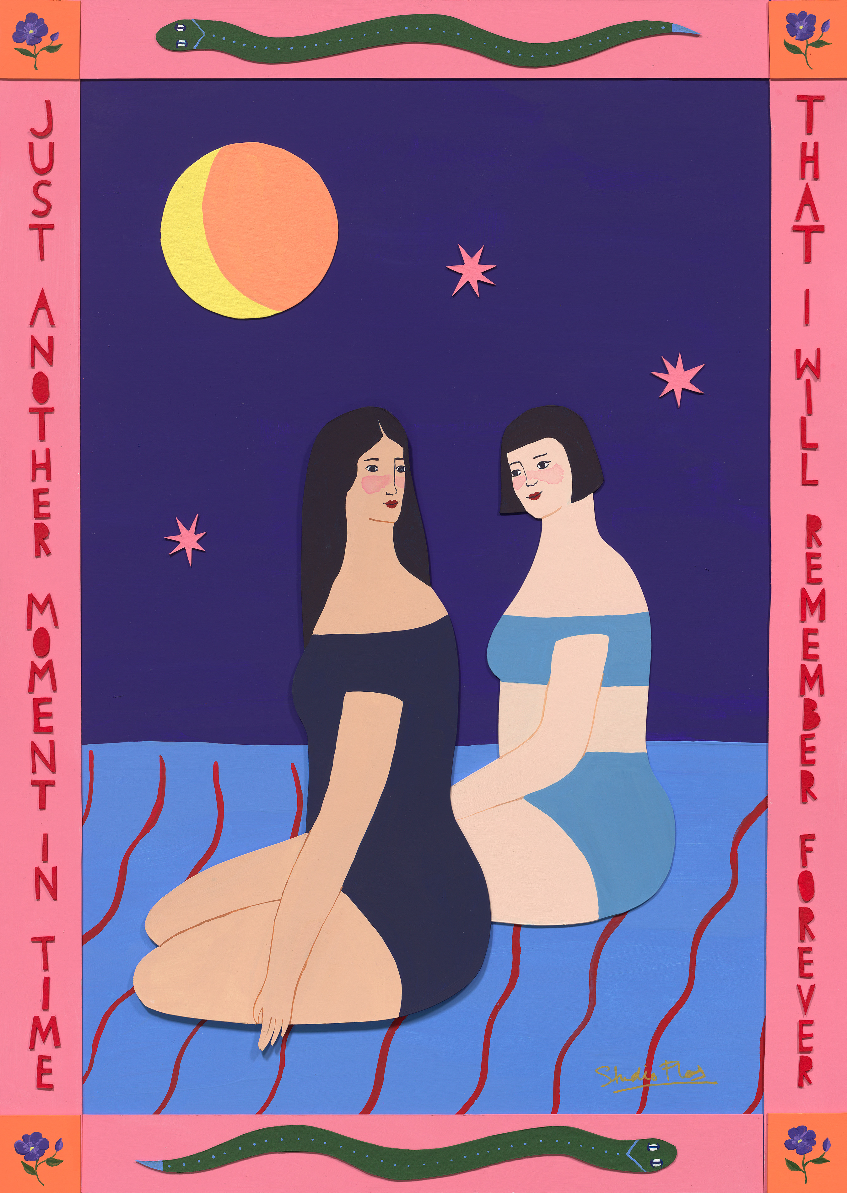 Two women illustrated under the moon and stars
